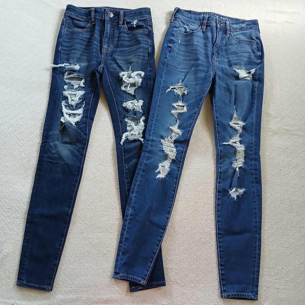aeo ♡ 2 hi-rise jeggings american eagle 0 jeans ripped distressed denim indie